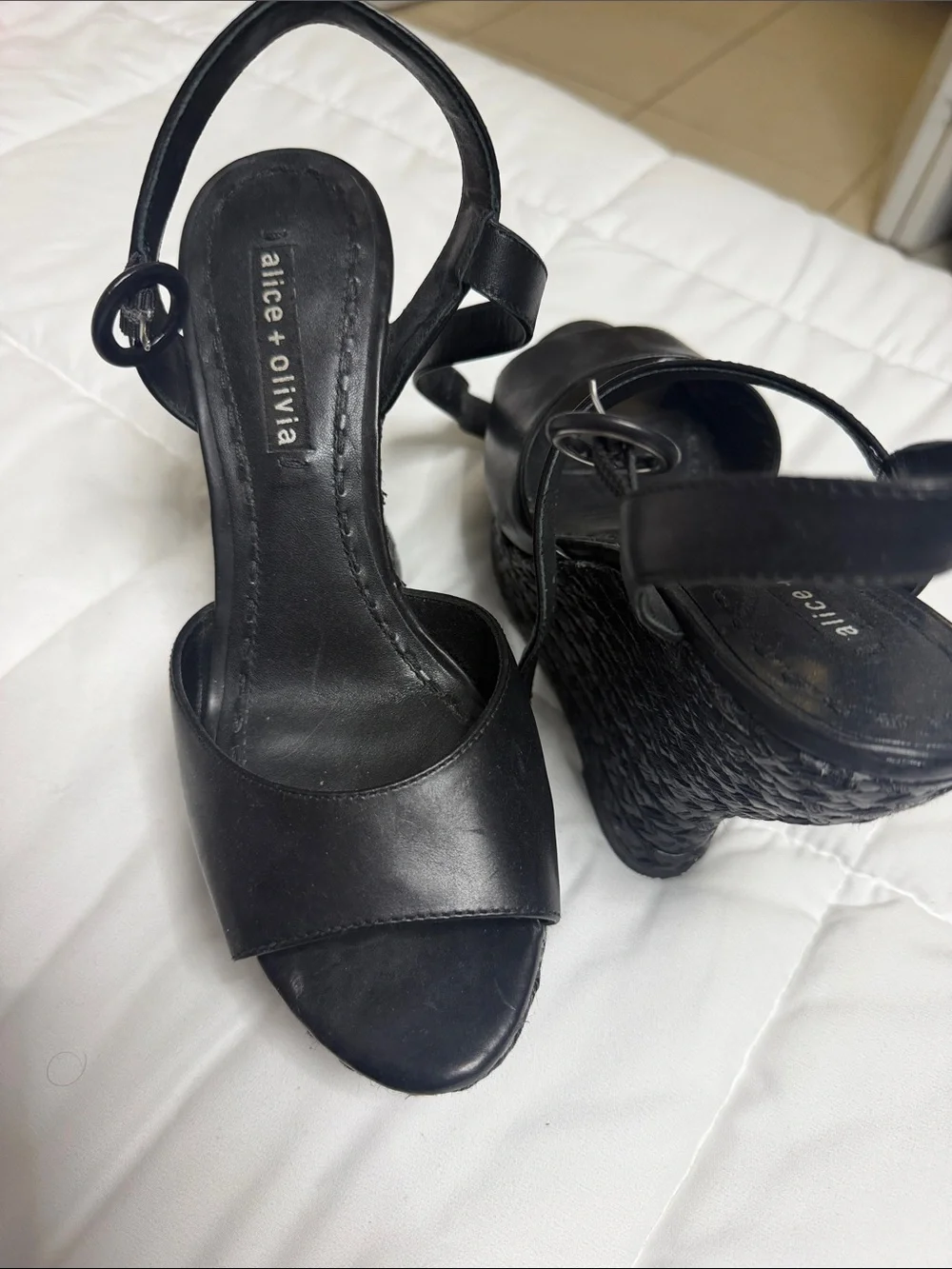 Alice + Olivia Black Leather Wedge Sandals with Woven Platform
